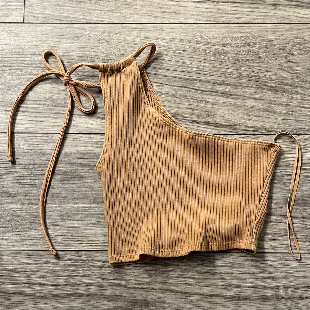 Aerie Tan Ribbed One-Shoulder Top